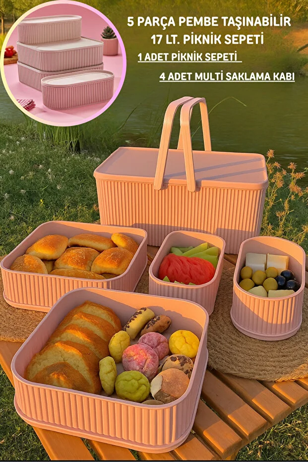 5 PARÇA PEMBE TAŞINABİLİR 17 LT. PİKNİK SEPETİ